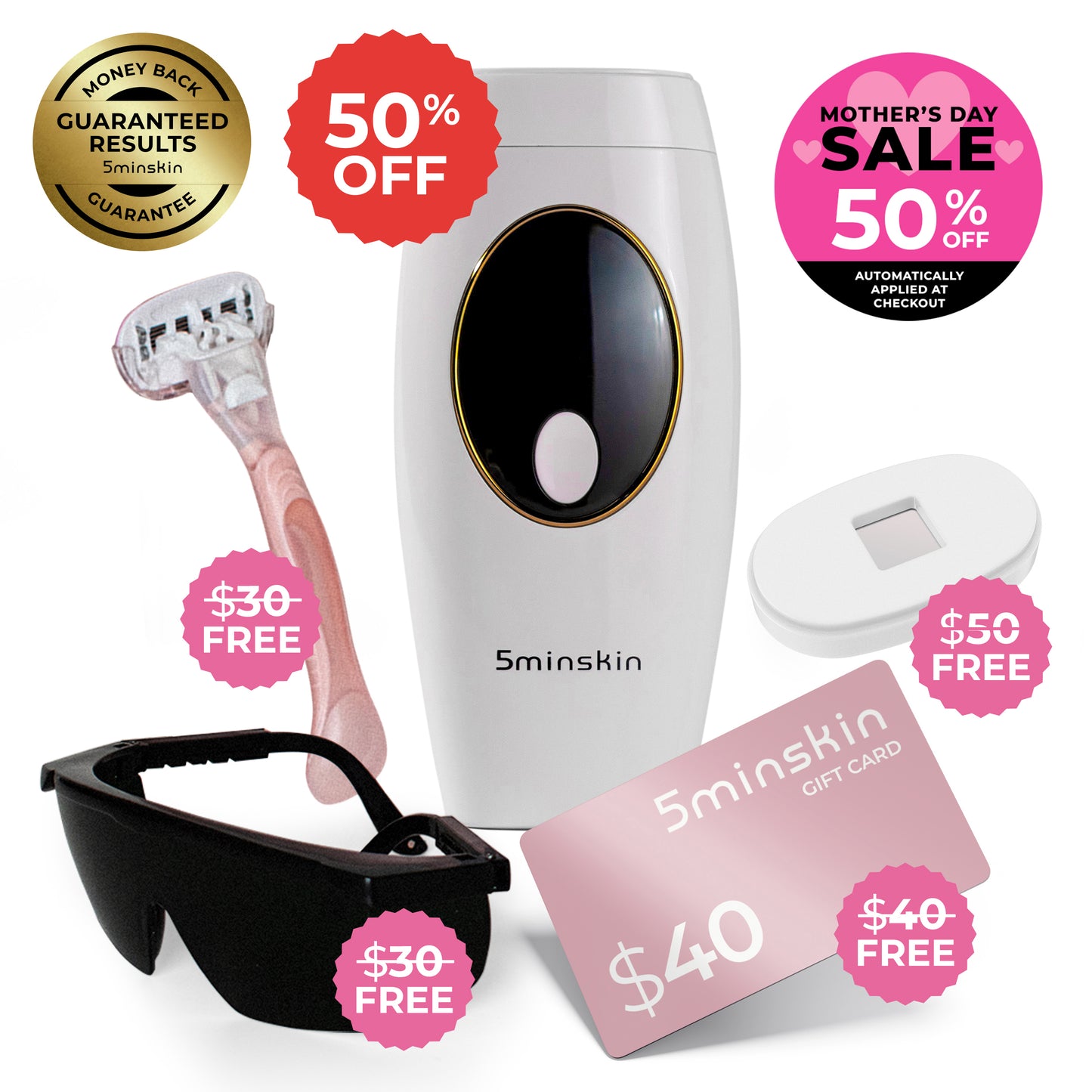 5MINSKIN AT-HOME LASER HAIR REMOVAL HANDSET - 50% OFF MOTHER'S DAY SALE + 4 FREE GIFTS (WORTH $150)